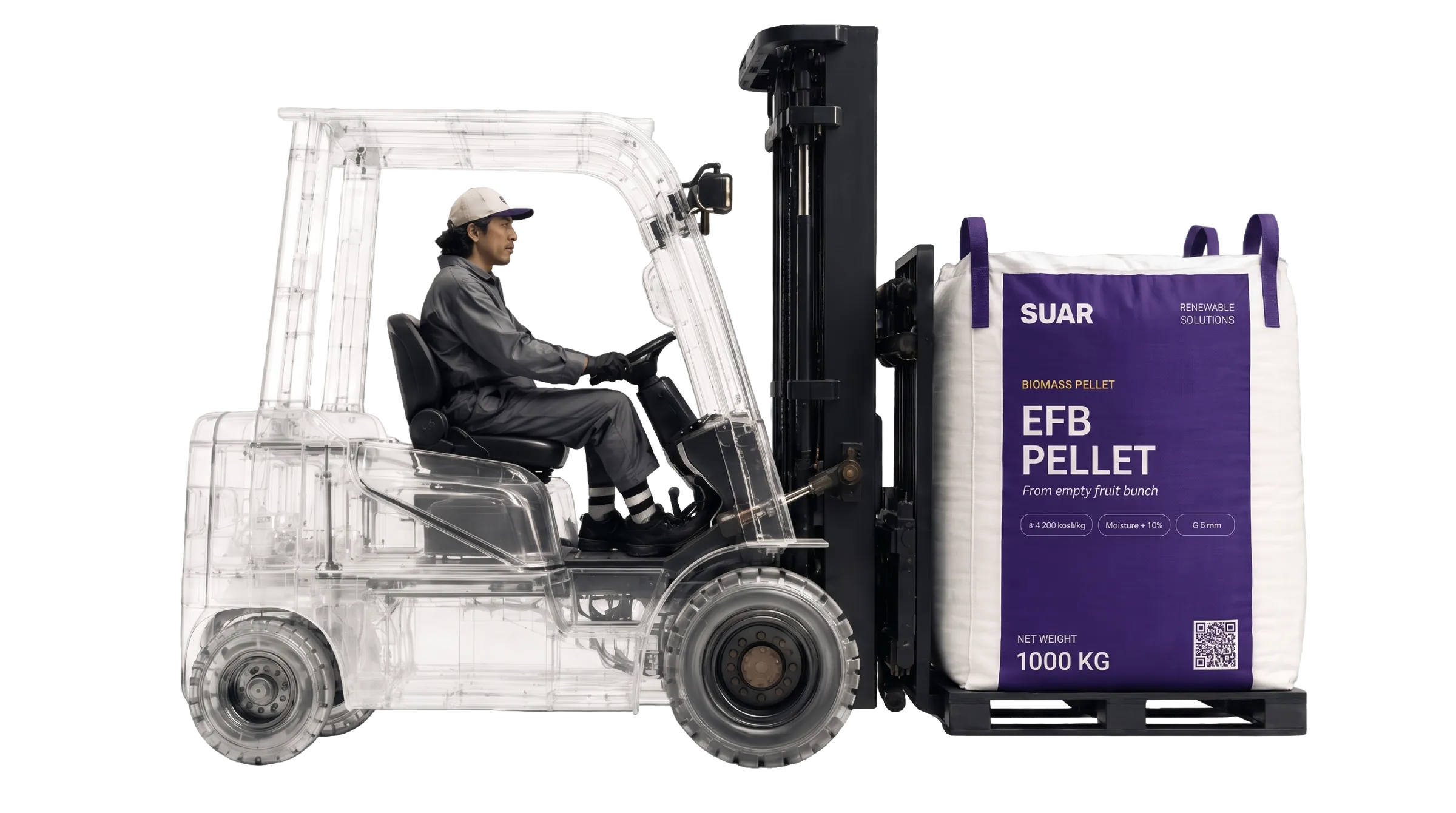 SUAR forklift carrying an EFB pellet jumbo bag